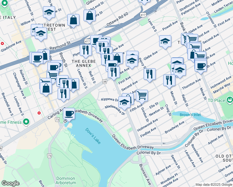 map of restaurants, bars, coffee shops, grocery stores, and more near 808 Bronson Avenue in Ottawa