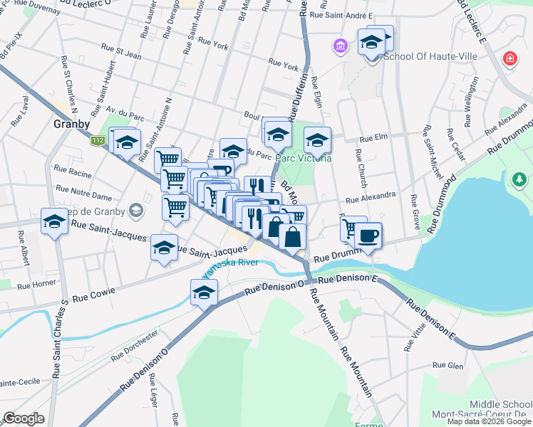 map of restaurants, bars, coffee shops, grocery stores, and more near 25 Rue Dufferin in Granby