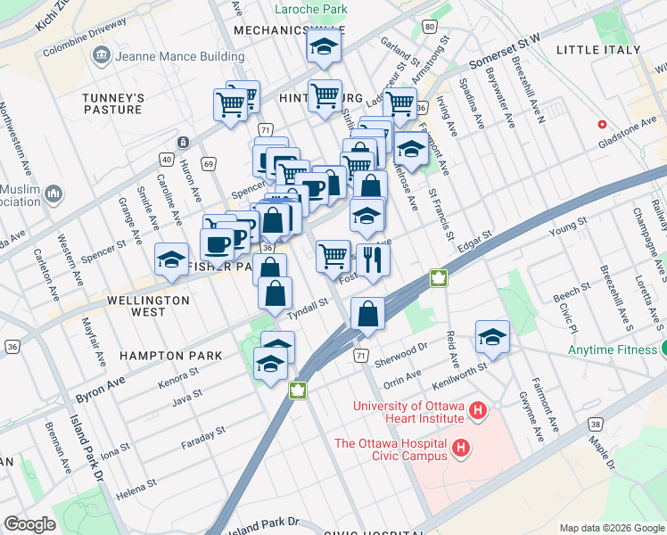 map of restaurants, bars, coffee shops, grocery stores, and more near 1198 Gladstone Avenue in Ottawa