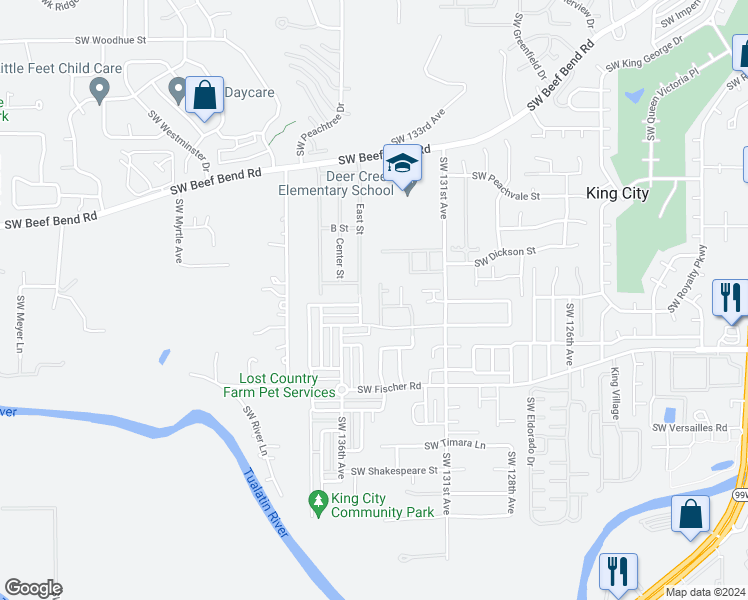 map of restaurants, bars, coffee shops, grocery stores, and more near 16645 Southwest 134th Terrace in Tigard