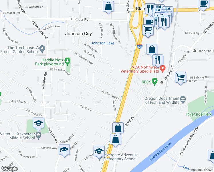 map of restaurants, bars, coffee shops, grocery stores, and more near 8480 Southeast Down Way in Milwaukie