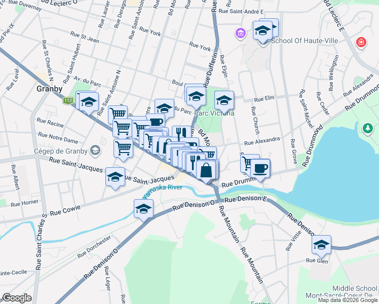 map of restaurants, bars, coffee shops, grocery stores, and more near 25 Rue Dufferin in Granby