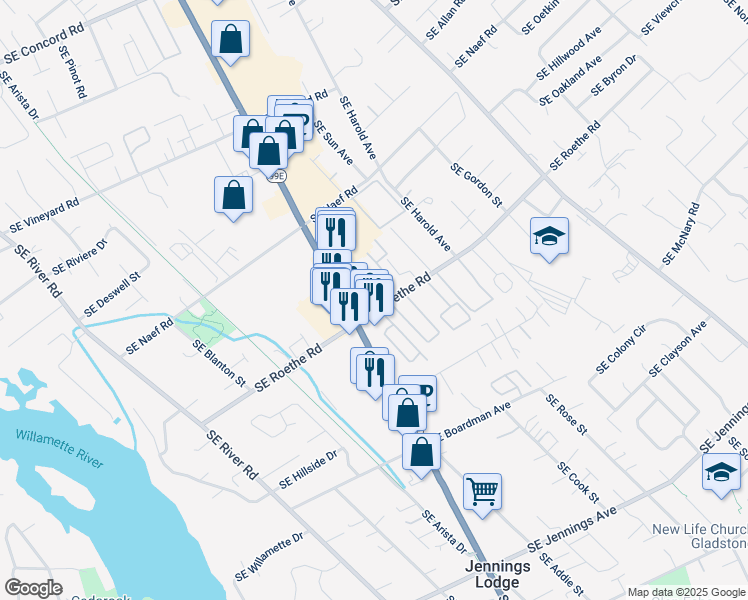 map of restaurants, bars, coffee shops, grocery stores, and more near 4400 Southeast Roethe Road in Milwaukie