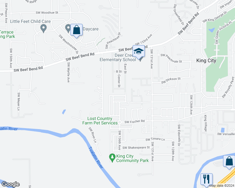 map of restaurants, bars, coffee shops, grocery stores, and more near 13617 Southwest Capulet Lane in King City