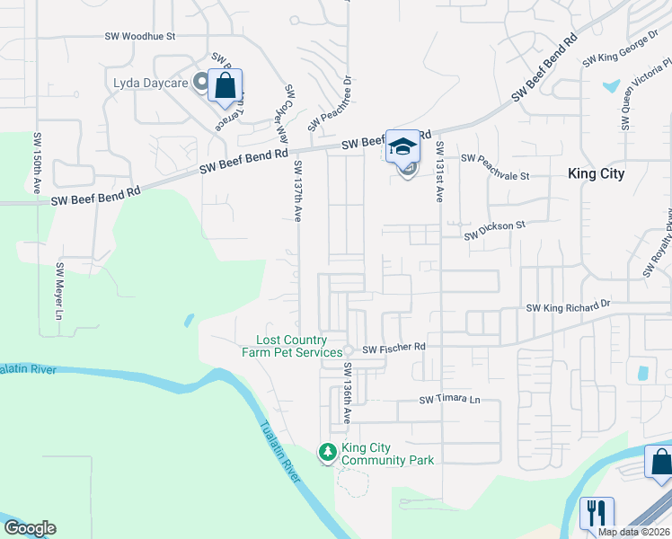 map of restaurants, bars, coffee shops, grocery stores, and more near 13645 Southwest Capulet Lane in King City