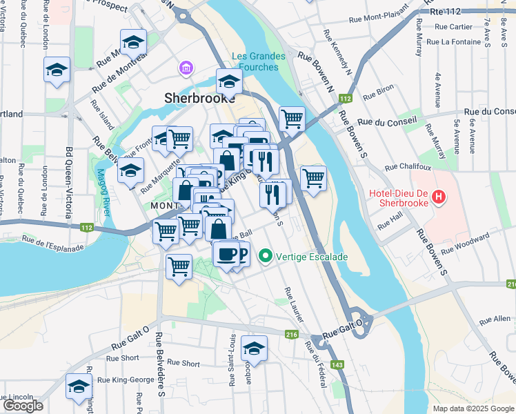 map of restaurants, bars, coffee shops, grocery stores, and more near 135 Rue Sanborn in Sherbrooke