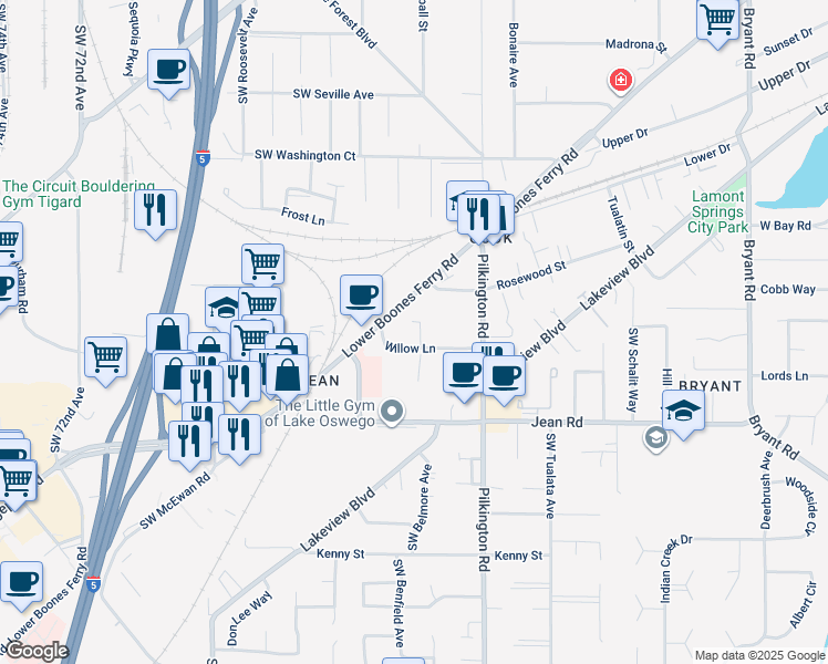 map of restaurants, bars, coffee shops, grocery stores, and more near 5755 Willow Lane in Lake Oswego