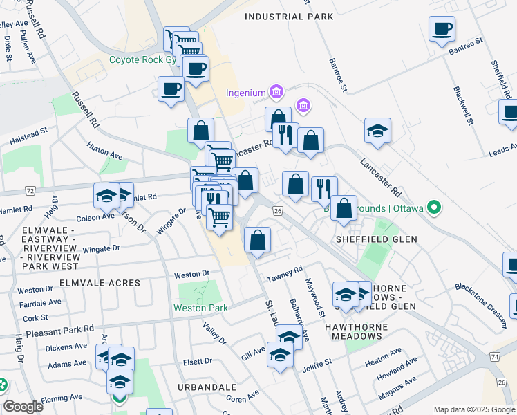 map of restaurants, bars, coffee shops, grocery stores, and more near 1975 Saint Laurent Boulevard in Ottawa