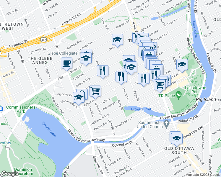map of restaurants, bars, coffee shops, grocery stores, and more near in Ottawa