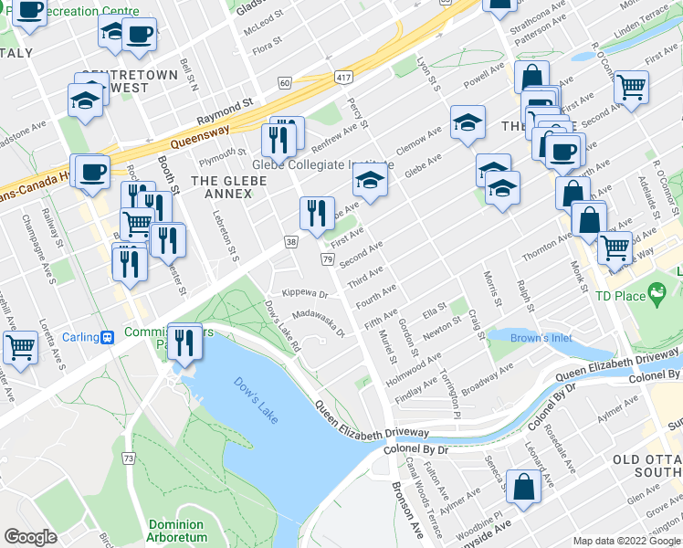 map of restaurants, bars, coffee shops, grocery stores, and more near in Ottawa