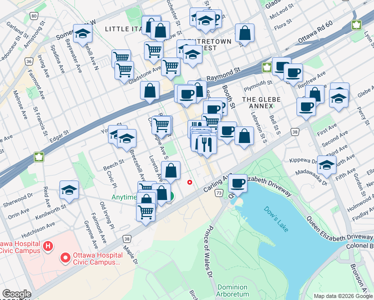 map of restaurants, bars, coffee shops, grocery stores, and more near in Ottawa
