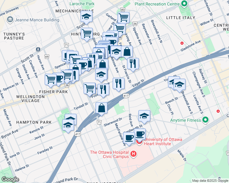 map of restaurants, bars, coffee shops, grocery stores, and more near in Ottawa