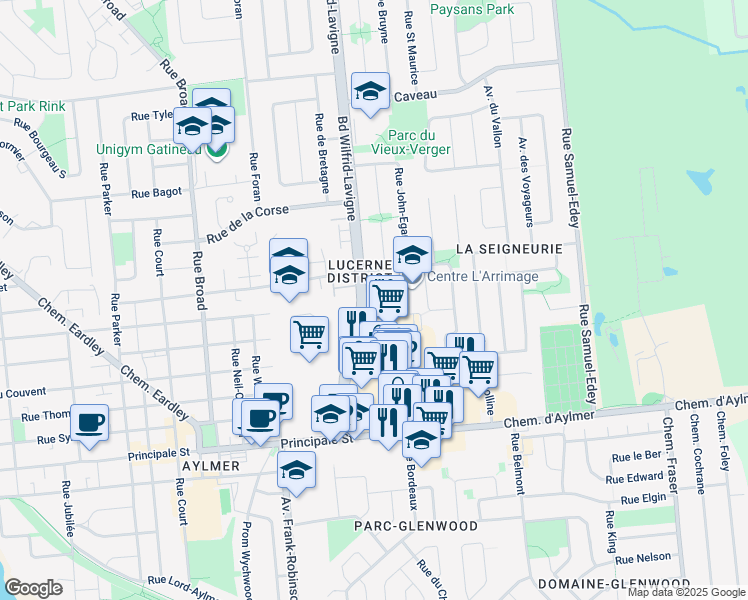 map of restaurants, bars, coffee shops, grocery stores, and more near 450 Boulevard Wilfrid-Lavigne in Gatineau