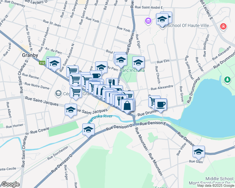 map of restaurants, bars, coffee shops, grocery stores, and more near 77 Rue Principale in Granby