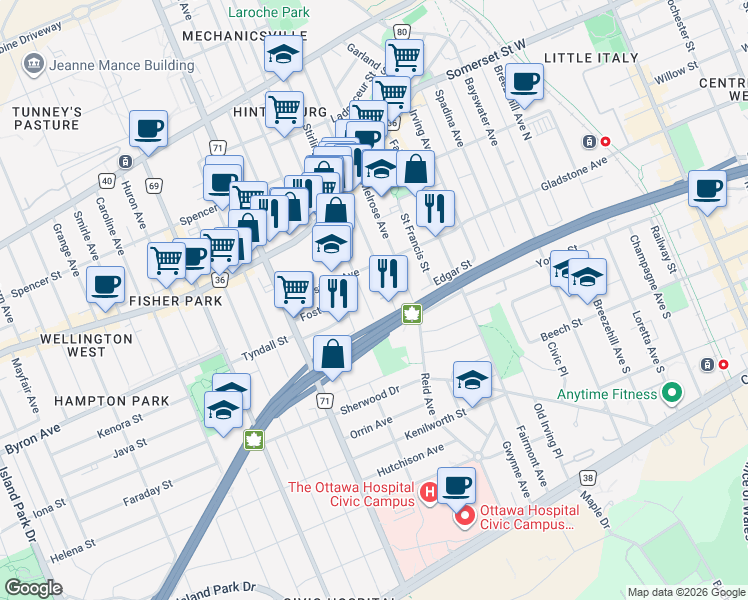 map of restaurants, bars, coffee shops, grocery stores, and more near 105 Rosemount Avenue in Ottawa