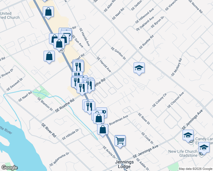 map of restaurants, bars, coffee shops, grocery stores, and more near 4424 Southeast Roethe Road in Milwaukie