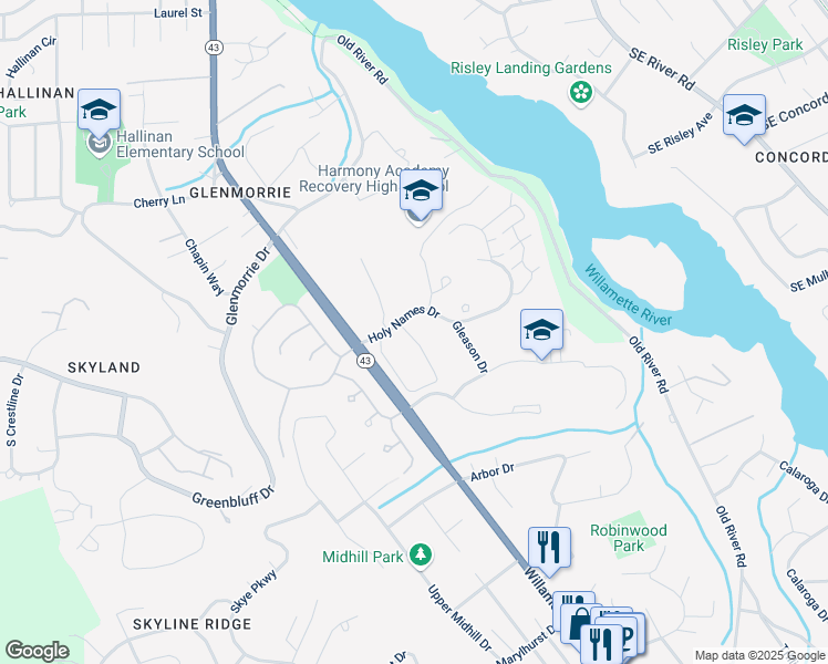 map of restaurants, bars, coffee shops, grocery stores, and more near 17425 Holy Names Drive in Lake Oswego