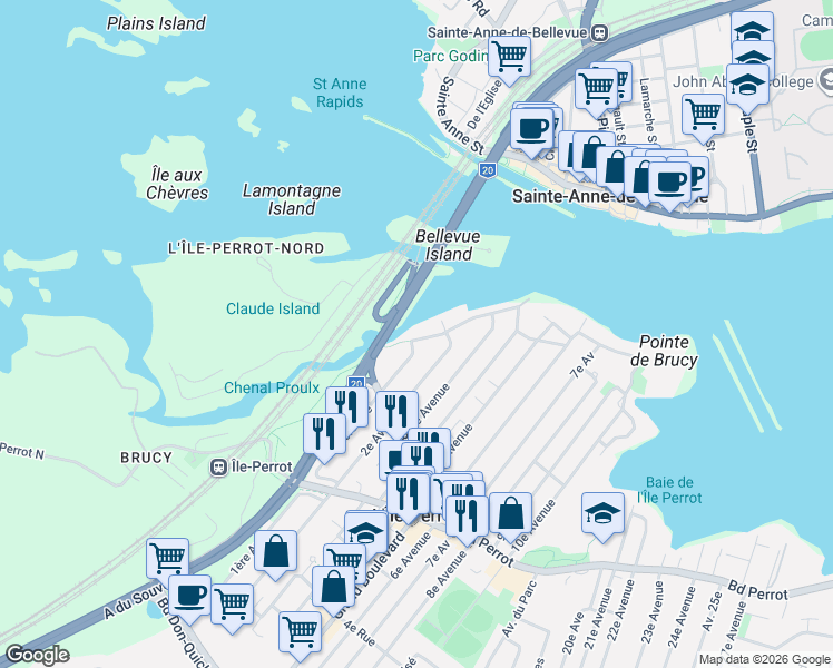map of restaurants, bars, coffee shops, grocery stores, and more near 75 Montée Sagala in L'Île-Perrot