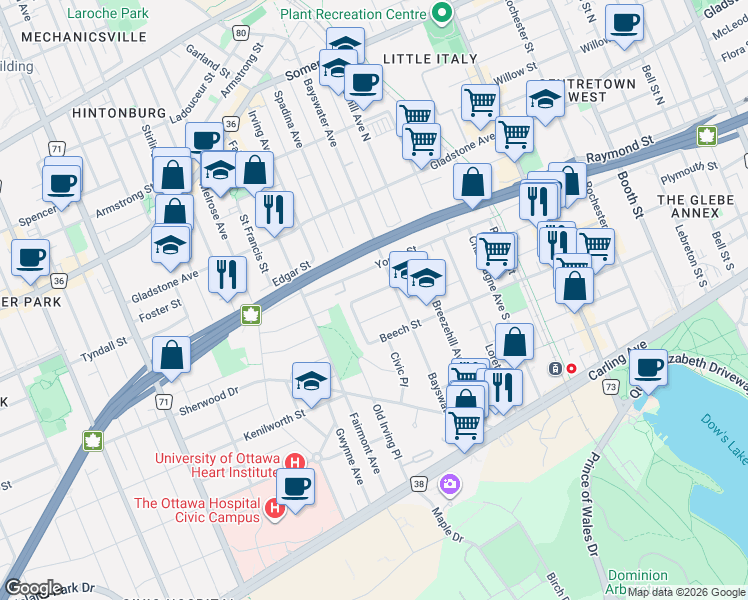 map of restaurants, bars, coffee shops, grocery stores, and more near 20 Fern Avenue in Ottawa