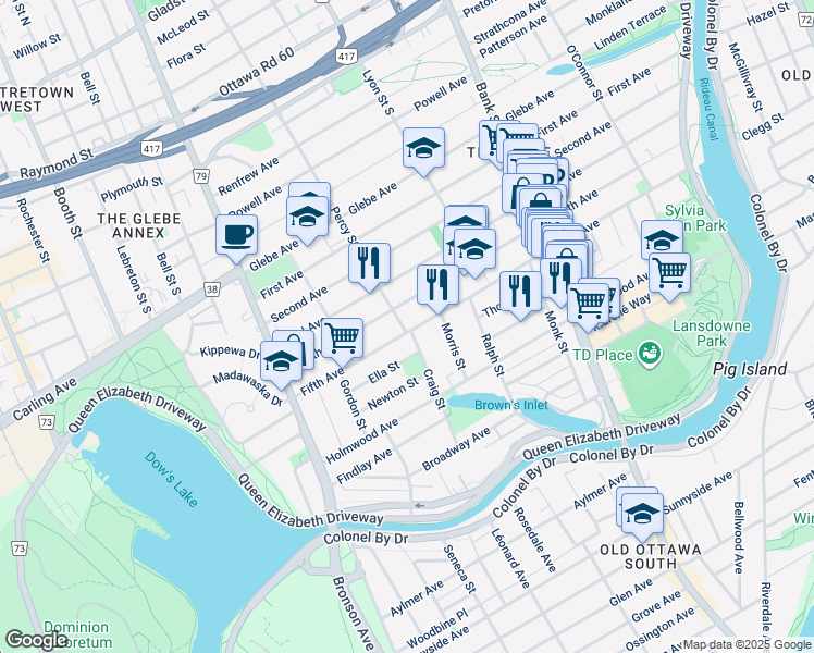 map of restaurants, bars, coffee shops, grocery stores, and more near in Ottawa