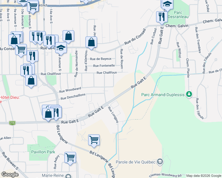 map of restaurants, bars, coffee shops, grocery stores, and more near 1280 Rue Woodward in Sherbrooke