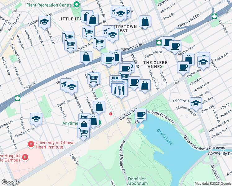 map of restaurants, bars, coffee shops, grocery stores, and more near in Ottawa