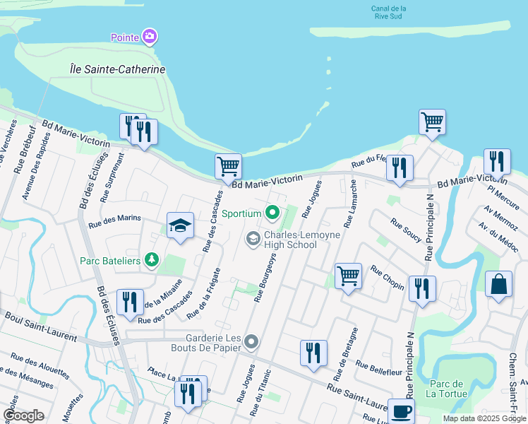 map of restaurants, bars, coffee shops, grocery stores, and more near 101 Place Charles-Lemoyne in Sainte-Catherine