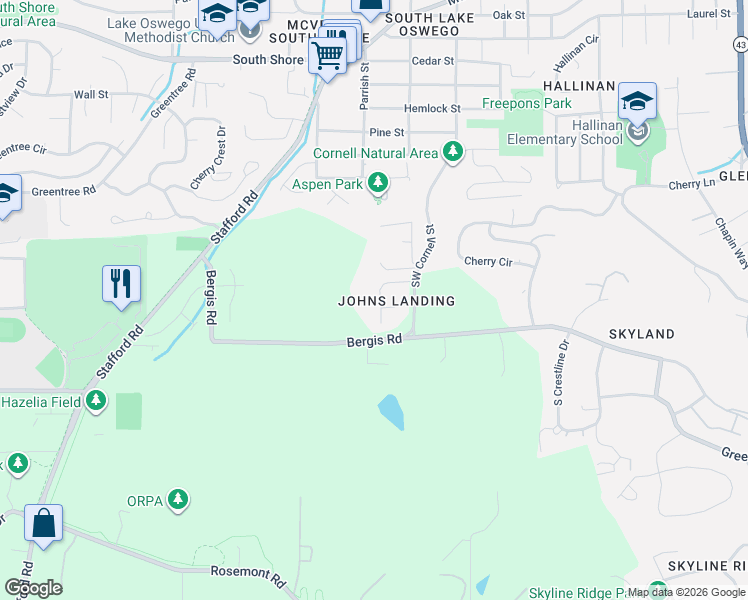 map of restaurants, bars, coffee shops, grocery stores, and more near 17411 Bergis Farm Drive in Lake Oswego