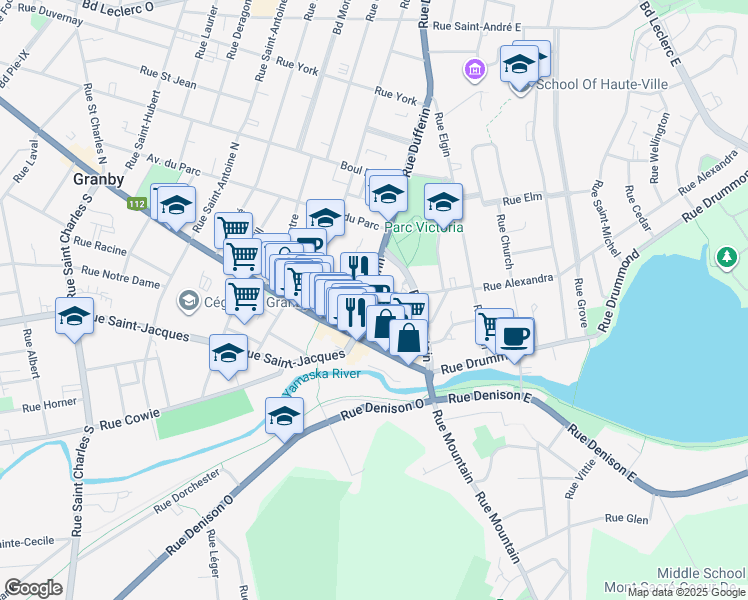 map of restaurants, bars, coffee shops, grocery stores, and more near 101 Rue Principale in Granby