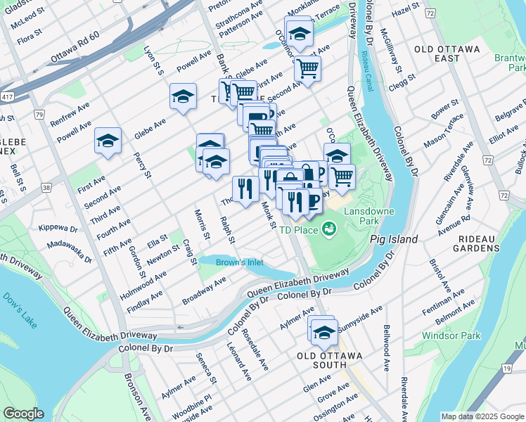 map of restaurants, bars, coffee shops, grocery stores, and more near in Ottawa