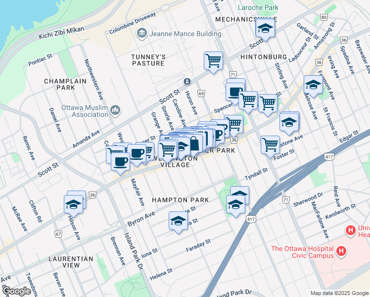 map of restaurants, bars, coffee shops, grocery stores, and more near 1285 Wellington Street West in Ottawa