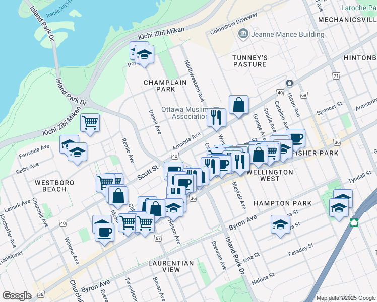 map of restaurants, bars, coffee shops, grocery stores, and more near in Ottawa