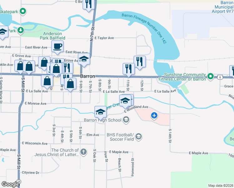 map of restaurants, bars, coffee shops, grocery stores, and more near 934 East La Salle Avenue in Barron