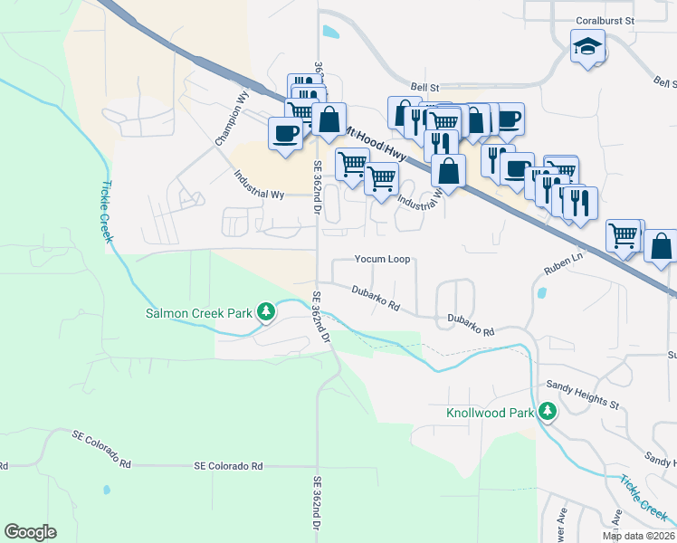 map of restaurants, bars, coffee shops, grocery stores, and more near 36280 Dubarko Road in Sandy