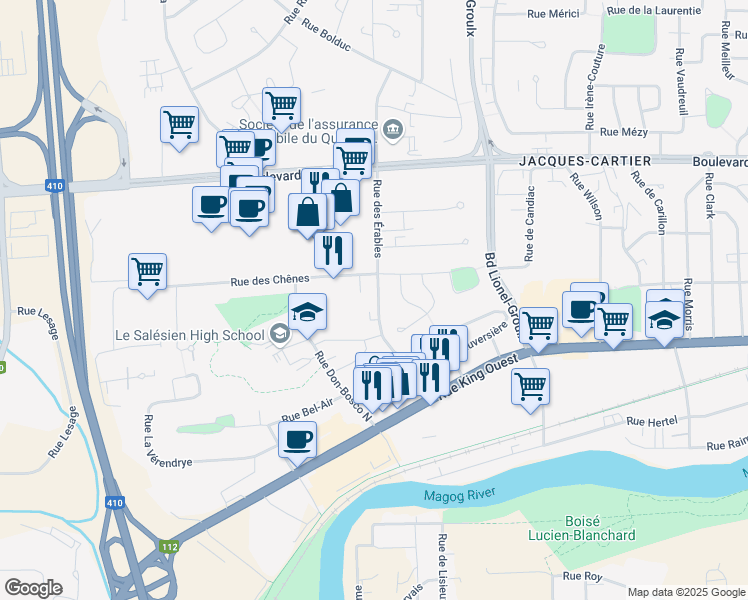 map of restaurants, bars, coffee shops, grocery stores, and more near 165 Rue des Érables in Sherbrooke
