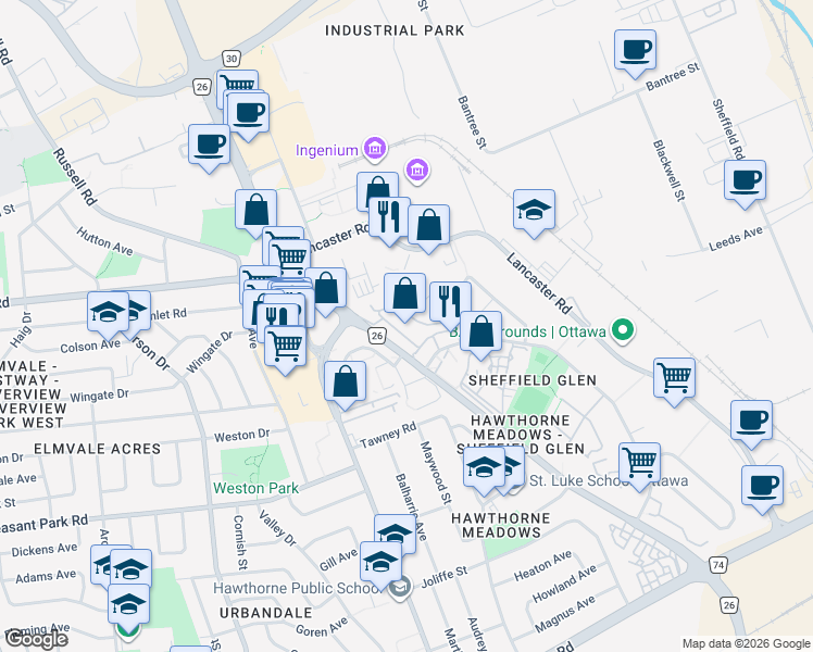 map of restaurants, bars, coffee shops, grocery stores, and more near 2415 Southvale Crescent in Ottawa
