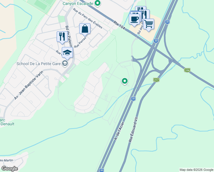 map of restaurants, bars, coffee shops, grocery stores, and more near 405 Avenue de la Belle-Dame in La Prairie