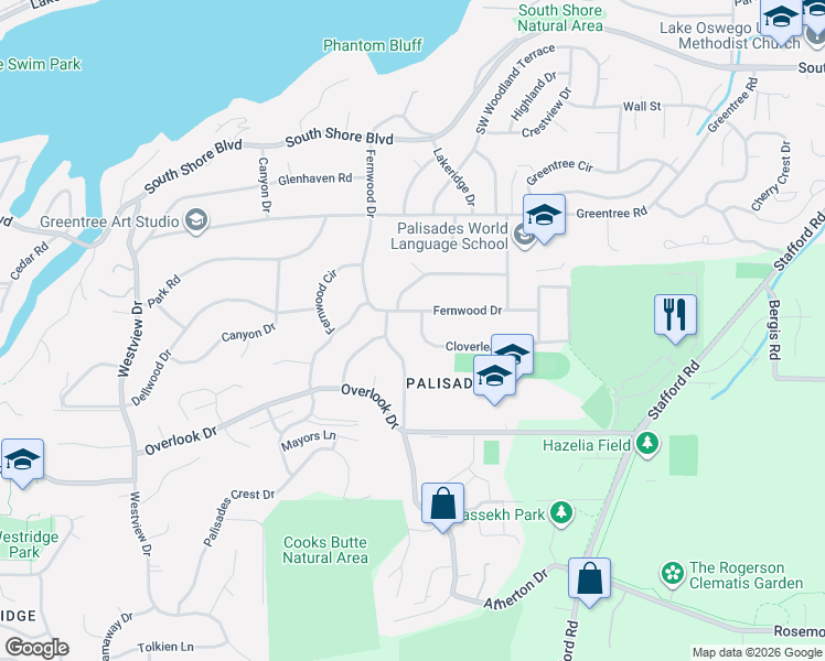 map of restaurants, bars, coffee shops, grocery stores, and more near 1840 Cloverleaf Road in Lake Oswego