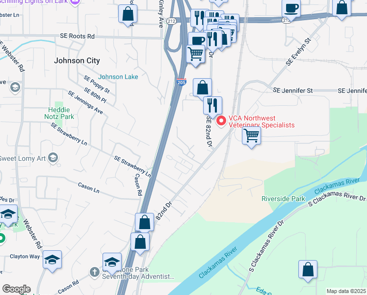 map of restaurants, bars, coffee shops, grocery stores, and more near 9100 Southeast Scottstree Way in Clackamas