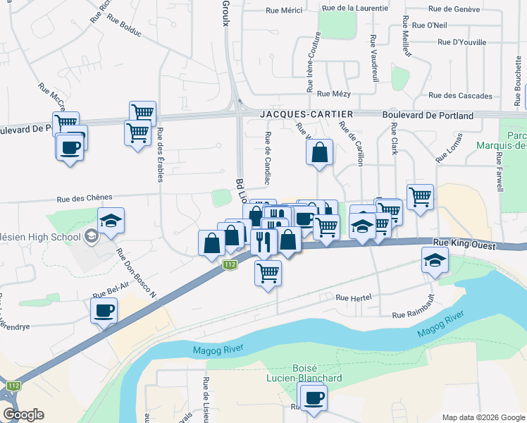 map of restaurants, bars, coffee shops, grocery stores, and more near 50 Boulevard Lionel-Groulx in Sherbrooke