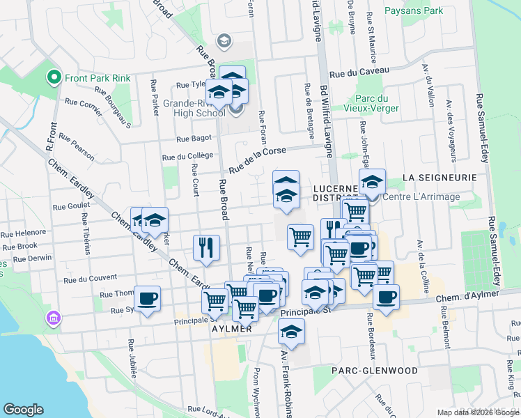 map of restaurants, bars, coffee shops, grocery stores, and more near 138 Rue North in Gatineau