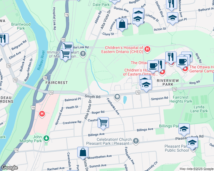map of restaurants, bars, coffee shops, grocery stores, and more near 2 Valour Drive in Ottawa