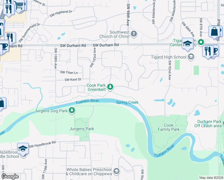 map of restaurants, bars, coffee shops, grocery stores, and more near 9980 Southwest Riverwood Lane in Tigard