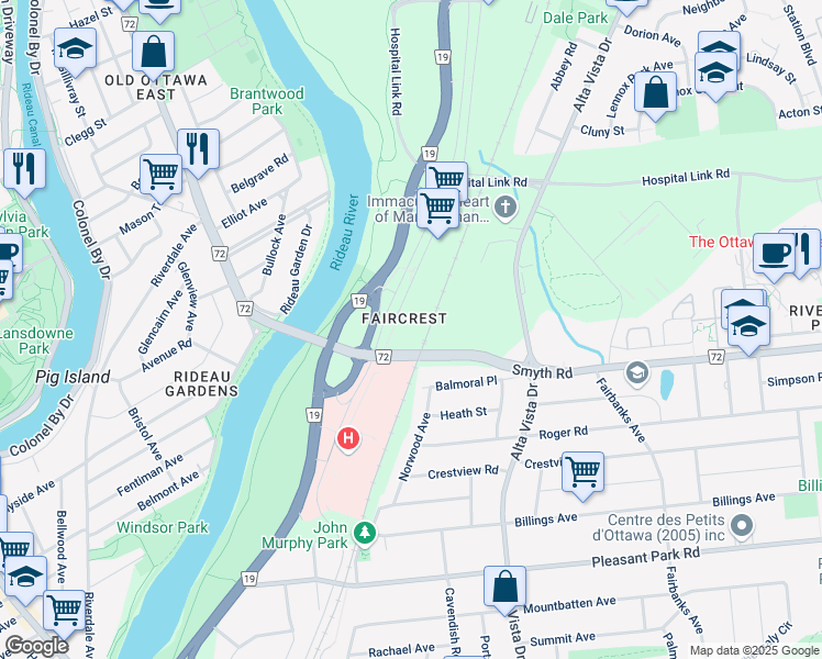 map of restaurants, bars, coffee shops, grocery stores, and more near 1833 Frobisher Lane in Ottawa