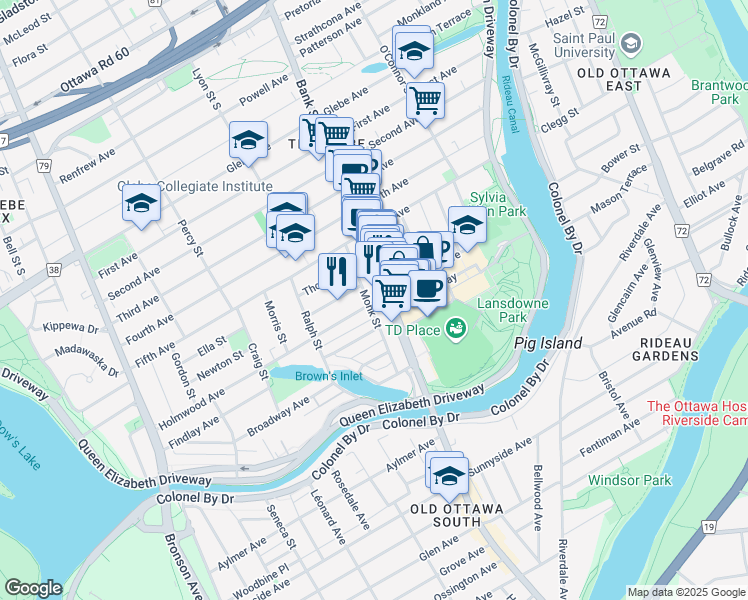 map of restaurants, bars, coffee shops, grocery stores, and more near in Ottawa