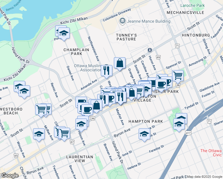 map of restaurants, bars, coffee shops, grocery stores, and more near in Ottawa