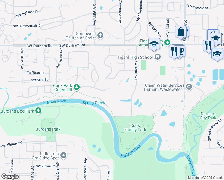map of restaurants, bars, coffee shops, grocery stores, and more near 9500 Southwest Riverwood Lane in Tigard