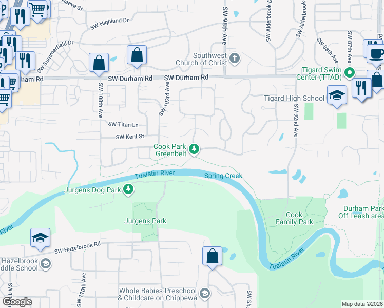 map of restaurants, bars, coffee shops, grocery stores, and more near 9980 Southwest Riverwood Lane in Tigard