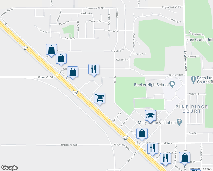 map of restaurants, bars, coffee shops, grocery stores, and more near 13492 3rd Street in Becker