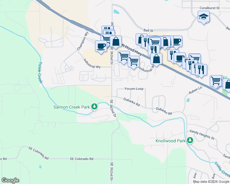 map of restaurants, bars, coffee shops, grocery stores, and more near 36280 Dubarko Road in Sandy